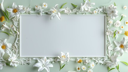 A blank white picture frame with a metal floral border in the middle surrounded by lilies and begonias