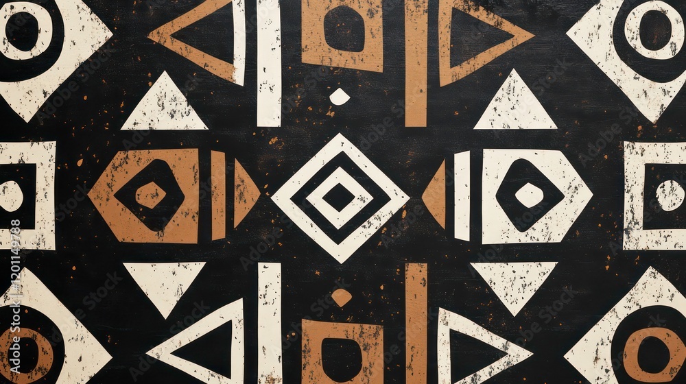 Poster abstract geometric pattern with triangles, circles, and squares in brown, beige, and black on a dark