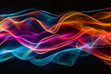 Naklejka premium Vivid abstract artwork of swirling light waves in bold rainbow colors against a dark background.