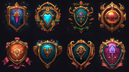 Game award badges and level complete popup shields, vector GUI interface templates. Game trophy award blank icons for level achievement with golden frames and ribbons for video game arcade rank award