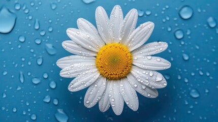 Dew drops on a single daisy flower against a blue background.