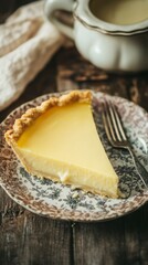 A Slice of Creamy Custard Pie on a Vintage Plate - A Delicious Dessert