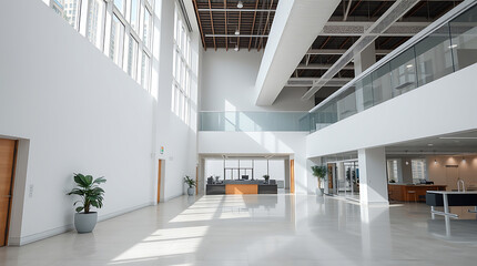 Obraz premium Modern Office Building Interior: Clean, Minimalist Design and Bright Spaces. The image showcases a contemporary building's lobby with sleek architecture and elegant aesthetics.