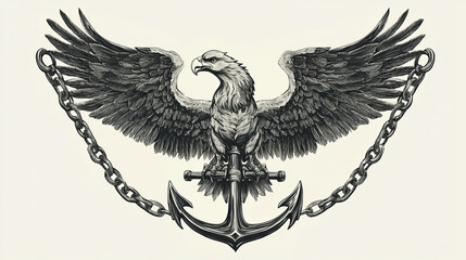 Fototapeta premium Fierce double headed Imperial eagle icon on crossed anchors with chains for heraldic design