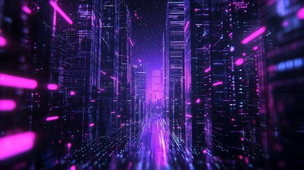 Obraz premium Futuristic city street at night with glowing purple and pink lines.