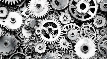 Thinking. A brain with gears is shown in a silver color