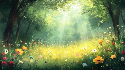 Vibrant wildflower meadow illuminated by sunlight in a serene forest setting during springtime © Olexandr Tytarchuk