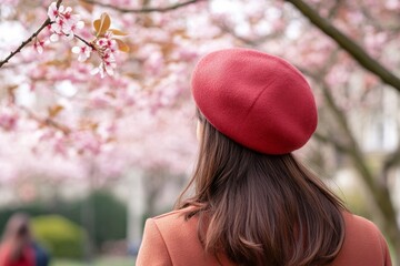 A woman wearing a spring beret strolls through a garden filled with blooming cherry blossoms. The vibrant pink flowers create a serene and romantic atmosphere
