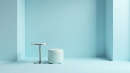 Minimalist Room Setup with Pale Blue Walls, Round Table, and Cylinder Seat