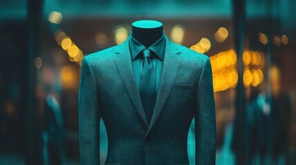 Teal suit, mannequin, shop display, city lights, fashion