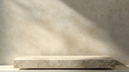 A beige stone podium with subtle dappled shadows on the wall, ideal for a calm, serene product presentation.
