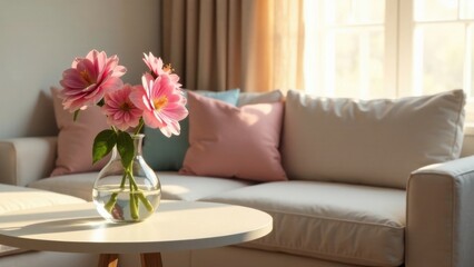 A delicate bouquet of pink blossoms in a clear glass vase adorns a small, round side table, positioned elegantly in front of a sunlit living room couch with soft, neutral-toned cushions.
