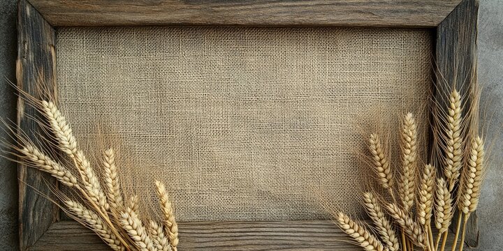 Rustic wooden frame with golden wheat ears arranged on a burlap background featuring earthy tones and a central empty space for text.