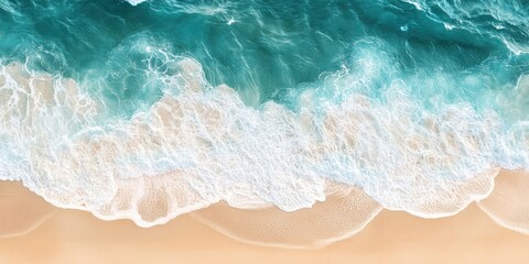 Obraz premium Aerial view of sandy beach with turquoise surf waves cascading over shoreline on sunny day ideal for serene banner background design