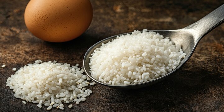 Silver tablespoon filled with raw white rice on a textured dark surface with a brown egg positioned to the right spilling rice grains around it
