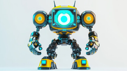 Robot with arms on waist isolated kids toy side view. Vector android automation full length futuristic character, cyborg humanoid. Plastic robot, sci-fi hi-tech machine, artificial intelligence