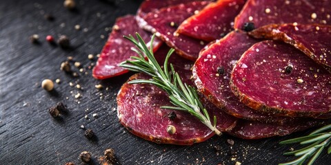 Sliced cured bresaola arranged with fresh rosemary on dark rustic wood background featuring coarse spices scattered around in varying colors and textures
