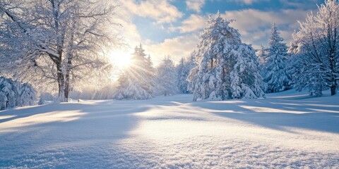 Obraz premium Winter landscape with sun rays shining through snow-covered trees bright blue sky and white snow blankets creating a tranquil serene atmosphere
