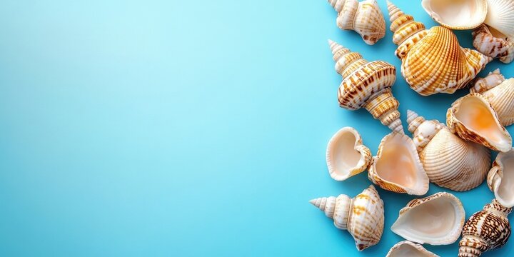 Colorful sea shells arranged on the left against a light blue gradient backdrop with ample copyspace on the right perfect for creative designs.