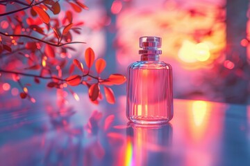 Glass bottle containing colorful liquid surrounded by delicate red leaves and glowing light effects.