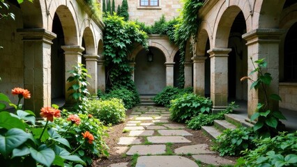 Fototapeta premium Serene Courtyard Garden Path with Stone Arches and Lush Greenery