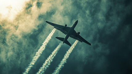 Naklejka premium Air travel icon of vector plane flying in sky, airline flights, tourism, aircraft and aviation design. Blue airplane or jet of international airlines with motion trails and red ribbon isolated symbol