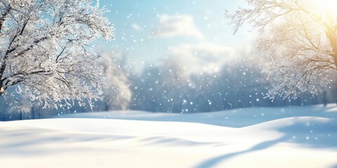 Obraz premium Tranquil winter landscape with soft white snow gently covering the ground, frosty trees in the background, illuminated by warm sunlight.