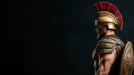 Obraz premium Spartan Warrior: A Spartan warrior in full armor, helmet with red plume, and a shield stands tall against a dark backdrop, showcasing the strength and resilience of ancient warriors. 