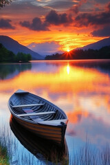 Fototapeta premium A serene lake scene at sunset with a wooden boat reflecting vibrant orange and pink hues in the tranquil waters, surrounded by mountains.