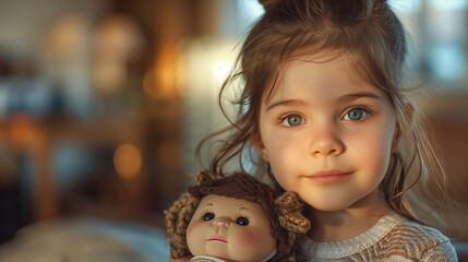 A young girl holding a vintage doll, radiating warmth and innocence in soft lighting.
