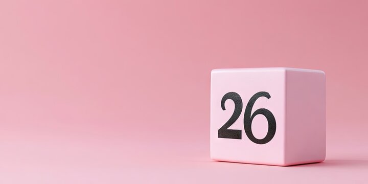 Calendar cube displaying the number 26 in bold black on soft pink background symbolizing significant date in contemporary business setting - Powered by Adobe
