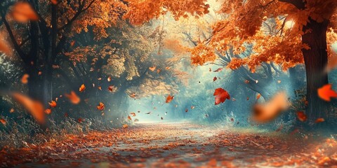 Vibrant autumn forest scene with orange and red leaves falling, sunlight filtering through trees, creating a serene pathway effect.