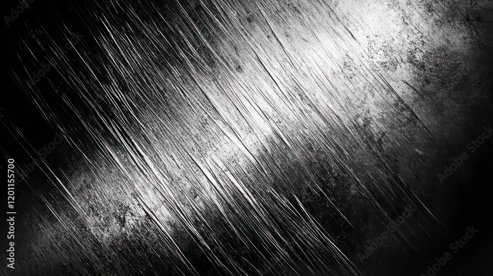 Poster Abstract grayscale texture of scratched metal surface with diagonal lines and light reflection.