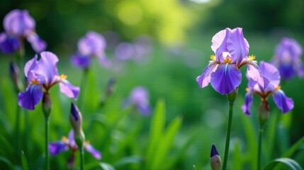 A Field of Delicate Purple Irises Blooming in the Soft Sunlight of a Summer Day