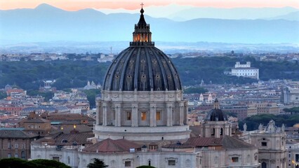 Sunrise on the dome of St. Peter for the Jubilee Year. Rome. Italy.
Aerial view, close-up backlit...