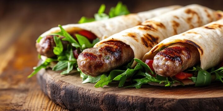 Sausages wrapped in pitas with fresh salad on a dark wooden board surrounded by ample copy space highlighting the delicious meal presentation