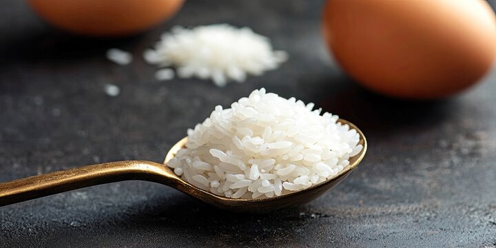 Golden tablespoon holding raw white rice against a dark background with brown eggs softly blurred in the background, creating a rustic kitchen vibe.