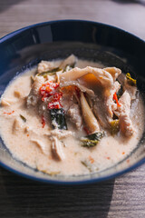Tom kha kai, Thai coconut soup is a spicy and sour hot soup with coconut milk.