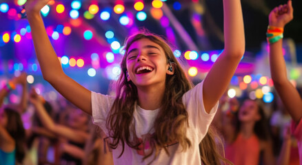 Obraz premium Excited teenagers celebrate at a lively music festival, dancing joyfully under bright, colorful lights. The atmosphere is filled with energy and happiness during the summer evening