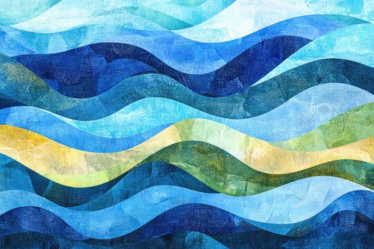 A dynamic banner showcasing overlapping abstract wave patterns in blues and greens, resembling a lively beach scene.