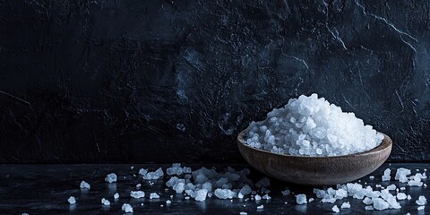 Sea salt in a wooden bowl on a dark textured background with scattered salt crystals showcasing contrast and simplicity in rustic kitchen setting