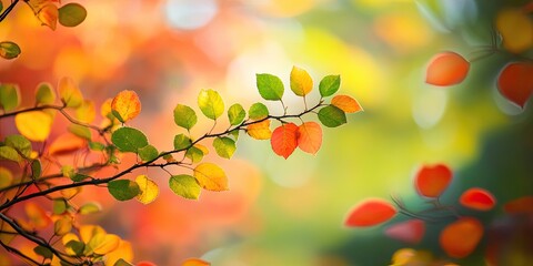 Obraz premium Vibrant autumn foliage with green, yellow, orange, and red leaves clustered on branches against a soft bokeh background of warm colors.