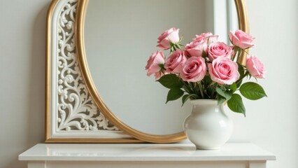 A bouquet of light pink roses in a simple white vase rests on a white vanity table beside an ornate gold and white mirror.