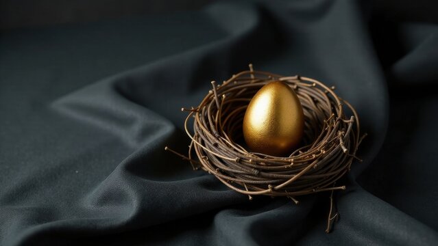 A single golden egg nestled in a rustic twig nest rests gently on a dark fabric surface, symbolizing wealth preservation and the value of a precious asset.