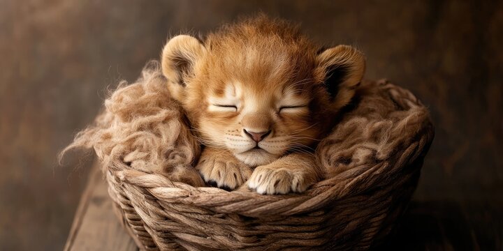 Newborn lion cub peacefully sleeping in a woven basket, bathed in soft warm brown tones, with its eyes closed and paws resting gently.