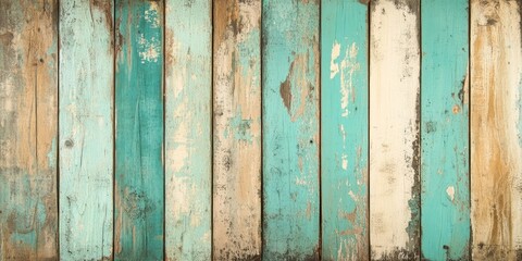Textured rustic wood background with turquoise mint and beige planks showcasing aged paint and scratches perfect for scrapbooking and decoupage.
