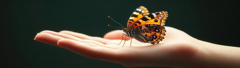 A human hand with a butterfly emerging from the palm, surreal decorative detail, juxtaposition of life and transformation concepts