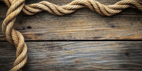 Obraz premium Rough wooden background with golden brown ship rope coiled on the top left corner creating ample space for text in the center and bottom right