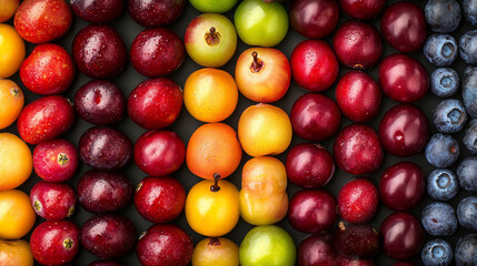 Berries and fruits with immune support vitamins poster of healthy vegetarian nutrition vector design. Cherry, cranberry and blueberry, blackcurrant, honeysuckle and gooseberry, barberry and juniper