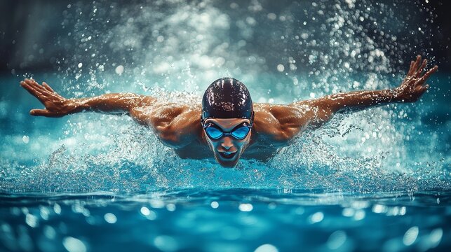 A swimmer performing the butterfly stroke in a competitive swimming environment.